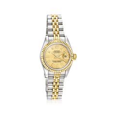 Pre-Owned Rolex Datejust Women's 26mm Automatic Stainless Steel, 18kt Yellow Gold Watch. C. 1987. Experience the renowned luxury of a pre-owned Rolex with this Datejust women's watch. The timepiece features Swiss automatic movement, synthetic sapphire crystal, 26mm case, 18kt yellow gold crown and bezel, champagne linen dial, and stainless steel and 18kt yellow gold jubilee bracelet with a foldover clasp. Water-resistant up to 100M. Pre-owned Rolex stainless steel and 18kt yellow gold watch. Ros Elegant Gold Watch Band With Date Indicator, Elegant Gold Watch Bands With Date Indicator, Gold Watch Bands With Diamond Hour Markers, Rolex Datejust Women, Fine Jewelery, Pre Owned Rolex, Gold Crown, Women's Watch, Rolex Datejust