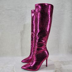 Fuchsia Metallic Festive Pointy Toe With Inseam Side Zipper Snake Skin Textured 4 Inch Stiletto Heel Brand New In Box. Short Cowgirl Boots, Pink Cowgirl Boots, Pointy Toe Boots, Leopard Boots, Black Chunky Heels, Suede High Heels, Chunky Heels Boots, Western Boots Women, Shoes Pink