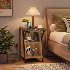 a bed room with a neatly made bed and a night stand next to the bed