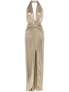 gold-tone high-shine finish knot detailing plunging V-neck concealed rear zip fastening backless front slit full-length Flowy Gold Dress, Collection Moodboard, Vampire Core, Gold Silk Dress, Wedding Party Outfits, Gold Gown, Champagne Dress, Golden Dress, Elegant Lady