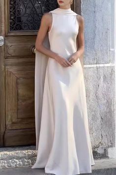 Elegant Solid Patchwork O Neck Evening Dress Dresses Pink Evening Dress, Silk Satin Dress, Ribbon Dress, Satin Evening Dresses, Evening Dresses With Sleeves, Evening Dress Floor Length, Dress Sleeve Length, Sleeveless Outfit, Natural Movement