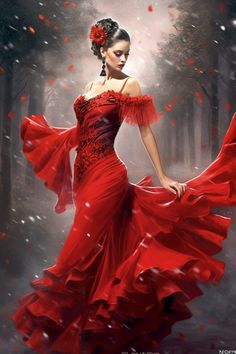 a woman in a red dress is walking through the snow