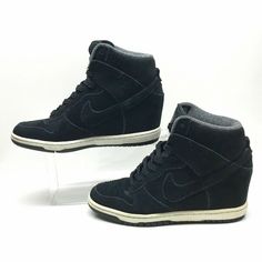 NIKE Black Suede Dunk Sky Hi High Top Hidden Wedge Sneakers  Style# 528899-014  Size: 10US (42EUR) (UK7.5) Color: Black VERY RARE AND HARD TO FIND GREAT CONDITION, SEE ALL PHOTOS Black Platform Wedge Sneakers For Streetwear, Black Platform Skate Shoes For Sports, High-top Synthetic Wedge Boots For Streetwear, Streetwear Wedge Sneakers With Platform, Black Wedge Sneakers For Streetwear, Platform Wedge Sneakers For Streetwear, Black Wedge Boots For Streetwear, Black High-top Platform Wedge Sneakers, High-top Black Wedge Sneakers For Streetwear