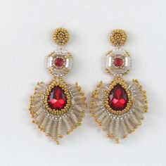 Gorgeous Handcrafted Bead Embroidered Earrings With Short Fringe. Red Swarovski Crystal Framed With 24k Gold Glass And Soft White Gold Lined Beads. Lots Of Swing And Sparkle! Post Style Earrings Backed With Dark Red Ultrasuede (Back Shown In Last Picture). Length: 3" Width: 1 1/2" Handmade Jewelry One Of A Kind Antique Look '" Elegant Red Teardrop Beaded Earrings, Elegant Red Earrings With Gold Beads, Red Handmade Chandelier Earrings For Weddings, Handmade Red Chandelier Earrings For Wedding, Red Embellished Wedding Jewelry, Embroidered Earrings, Turquoise Stud Earrings, Short Fringe, Bohemian Handmade