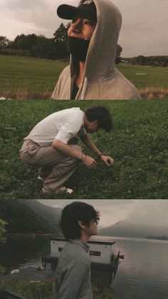 two photos one with a man kneeling down and the other with a woman standing up