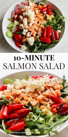 two plates with different types of salads on them and the words 10 - minute salmon salad