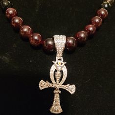 Men/ Women 14k White Gold Plated Ankh Cross Cz Diamond Ankh Cross Egyptian Ice Out Pendant Charm Pendant, Semiprecious Crystal Bead Necklace. Stones Are 12mm Garnett, 10mm Faceted Oynx,10mm Smokey Quartz. 22" Inch Necklace Stones, Ankh Cross, Crystal Bead Necklace, Bead Jewelry, Cz Diamond, Smokey Quartz, Bead Necklace, Semiprecious Stones, Charm Pendant