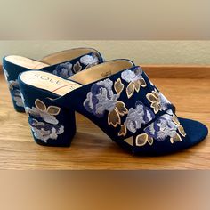 Sole Society Luella Block Heels, Blue Floral, Women’s 10m, Suede Material; Embroidered Floral Details, Heel Height 3-3.5”, Never Worn, No Box; Excellent Condition Blue Low Heels With Stacked Heel, Blue Synthetic Low Heels, Blue Block Heels With Removable Insole, Blue Almond Toe Sandals For Formal Occasions, Formal Blue Almond Toe Sandals, Blue Almond Toe Sandals For Summer, Heels Blue, Suede Material, Sole Society