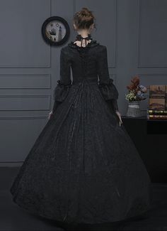 Black Jacquard Victorian Hallowen Vampire Dress     Condition: Brand New   Color:Black   Material: This dress made of High Quality Jacquard and Thick Satin, soft,smooth and comfortable to wear   Sleeve Length: Long Flare Sleeve   Dresses Length:Floor-Length   Neckline:  Square Collar   Decoration: Ruffles + Lace + Bandage   Package Includes: Dress + Neck ornament     The length of skirt about 45 inches (114 cm) long from waist to hem regardless of size. This dress is pictured with a 6-hoop Medieval Square, Historical Dresses Victorian, Black Victorian Dress, Gothic Victorian Dresses, Vampire Dress, Rococo Dress, Antoinette Dress, Long Lace Sleeves, Victorian Vampire