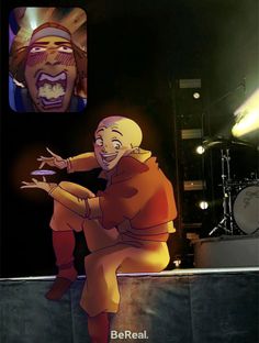 an animated man sitting on top of a stage