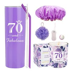 purple items are displayed on a white background with the words 70 and fabulous written on it