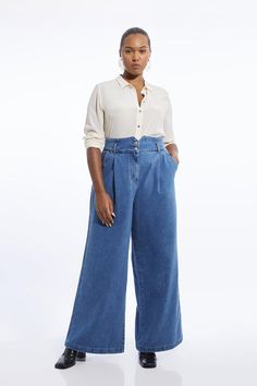 Plus Size Denim Wide Leg Pants Formal Midsize Outfits, Versatile Wide-leg Cropped Denim Jeans, Versatile Denim Bottoms For Fall, Versatile Wide Leg Denim Jeans, Versatile Mid-rise Denim Pants, Versatile Dark Wash Bottoms With Five Pockets, Versatile Straight Leg Dark Wash Bottoms, Versatile Dark Wash Straight Leg Bottoms, Versatile Medium Wash Straight Leg Bottoms