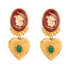 clip on gold heart shaped locket earring with resin cameo and green czech glass stone Gold Brass Cabochon Earrings, Gold Brass Earrings With Cabochon Detail, Gold Cabochon Brass Earrings, Festive Gold-plated Earrings With 17 Jewels, Red Intaglio Jewelry For Formal Occasions, Traditional Intaglio Jewelry For Anniversary, Gold Cabochon Drop Earrings, Red Enamel Clip-on Jewelry, Oval Intaglio Earrings As A Gift