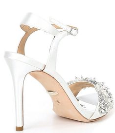 Badgley Mischka Tampa Jeweled Satin Ankle Strap Dress Sandals | Dillard's Elegant Sandals With 4-inch Heel And Ankle Strap, Elegant Sandals With Padded Heel For Events, Crystal Embellished Open Heel Sandals For Gala, Elegant Round Toe Sandals For Event, Elegant Round Toe Sandals For Events, Embellished Closed Toe Sandals For Events, Elegant Sandals With Heel And Ankle Strap, Closed Toe Embellished Sandals For Events, Elegant Sandals With Ankle Strap And Heel Loop