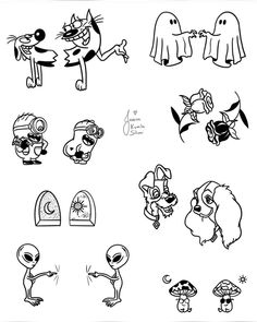 various cartoon characters drawn in black and white