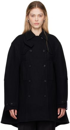 Stretch wool melton peacoat. · Button tab at spread collar · Double-breasted button closure · Flap and welt pockets · Adjustable button tab at cuffs · Logo patch at cuff · Inverted box pleat at back · Welt pockets at interior · Full viscose-blend satin lining Supplier color: Dark navy Oversized Pea Coat With Button Closure For Winter, Oversized Winter Pea Coat With Button Closure, Winter Oversized Pea Coat With Button Closure, Double-breasted Wool Coat With Button Cuffs For Work, Oversized Winter Pea Coat With Buttons, Winter Oversized Pea Coat With Buttons, Oversized Winter Pea Coat, Oversized Wool Pea Coat With Button Closure, Fall Workwear Pea Coat With Button Cuffs