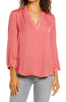 Free shipping and returns on Vince Camuto Rumple Fabric Blouse at Nordstrom.com. A bit of a rumple adds richness to this versatile top with a casual V-neck and an easy pull-on style. Coral Shirt, Blouse Nordstrom, Satin Top, Vince Camuto, Spring Outfits, Tunic Tops, Long Sleeve Blouse, Coral