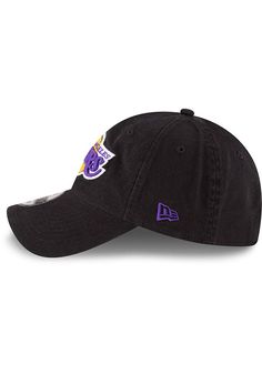 This Los Angeles Lakers Black Adjustable Hat features a front embroidered team logo on a lightly-structured cotton crown, with pre-curved visor and adjustable backstrap. Team logo embroidered on the front, Cloth Strap Closure to dial in the perfect fit, Relaxed, unstructured fit, Pre-curved bill, 100% cotton construction, New Era Flag logo on side, Dad hat, 100% Cotton, Washable, Imported Team-colored Cotton Hat With Embroidered Logo, Cotton Hat With Team Logo For Sports Events, Sports Cotton Hat With Logo, Cotton Sports Hat With Team Logo, Cotton Sports Hat With Logo, Casual Cotton Hat With Team Logo, Black Cotton Sports Hat, Black Cotton Hat For Sports Events, Black Cotton Hat For Fan Merchandise