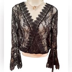 Polly Esther New With Tags Sz L Nb Black V-neck Lace Top, Black Lace V-neck Top, Lace V-neck Top For Evening, Lace V-neck Evening Top, Black Lace Trim Top For Night Out, Criss Cross Top, Cross Top, Botanical Pattern, Criss Cross