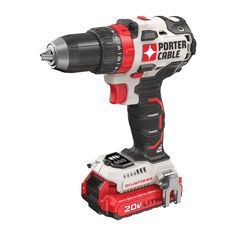 a cordless drill is shown on a white background with red trimmings and black accents