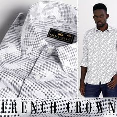 hidden Black Prints, Types Of Textiles, Cotton Shirts For Men, Shoulder Shirts, Full Sleeves, White Fabric, Collar And Cuff, White Fabrics, Black Print