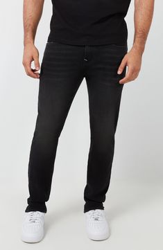 Dark wash cotton denim keeps the vibe casual and relaxed in slim-cut jeans marked with bright embroidery on the patch pockets and wear points. 34" inseam; 17" leg opening (size 32) Zip fly with button closure Five-pocket style 68% cotton, 28% polyester, 2% rayon, 2% elastane Machine wash, line dry Imported Black Jeans With Patch Pockets For Spring, Spring Black Jeans With Patch Pockets, Casual Denim Jeans With Contrast Stitching, Casual Mid-rise Jeans With Contrast Stitching, Casual Black Jeans With Patch Pockets, Casual Cotton Jeans With Straight Fit, Relaxed Fit Jeans With Contrast Stitching For Spring, Casual Straight Fit Cotton Jeans, Casual Cotton Straight Fit Jeans