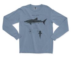 Wildlife anatomical designs screen printed onto quality stitched soft cotton long sleeves. These shirts are designed to spark conversation. Each shirt is twined and tagged giving a classic nautical presentation. Makes a perfect & thoughtful gift for any ocean lover in your life. Long sleeve stats: * 100% ringspun cotton * Pressed with hand-mixed inks * Ribbed collar and cuffs * Double-needle stitched neck, armholes & bottom hem * Twill taped shoulder-to-shoulder * Preshrunk, soft-washed, Graphic Tee With Long Sleeves And Screen Print, Long Sleeve Graphic Tee With Screen Print, Unisex Long Sleeve Pre-shrunk T-shirt, Blue Pre-shrunk Long Sleeve Shirt, Fitted Long Sleeve Printed T-shirt, Graphic Tee Long Sleeve Pre-shrunk Shirt, Unisex Casual Long Sleeve Shirt, Long Sleeve Graphic Tee Shirt, Shark Anatomy