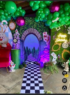 an image of a party setting with balloons and decorations on the walls, including checkered flooring