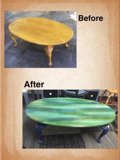 before and after photos of a coffee table that has been painted with acrylic paint