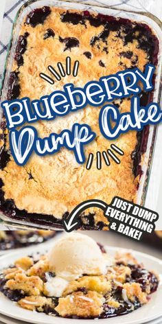 blueberry dump cake with ice cream on top and an advertisement in the back ground