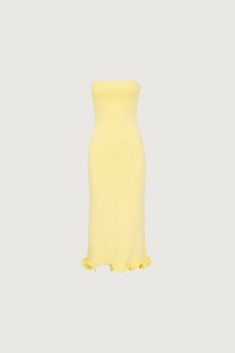 Ruffle Hem Strapless Dress (Butter Yellow) Strapless Knit Dress, Yellow Strapless Dress, Office Wardrobe, Mid Length Dress, Out Of Office, Butter Yellow, Strapless Midi Dress, Mid Length Dresses, Guest Dresses