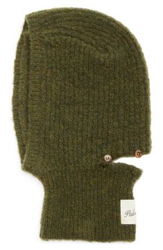 A cursive logo patch brands this button-punctuated balaclava knit in Spain from a blend of mulesing-free wool and alpaca. 29% polyamide, 28% acrylic, 15% wool, 14% merino wool, 12% alpaca, 2% elastane Hand wash, dry flat Made in Spain Balaclava Knit, A Cursive, Cursive Logo, Knitted Balaclava, Cashmere Hat, Europe Winter, Paloma Wool, Wool Caps, Women's Headwear