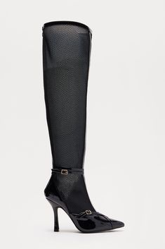 Available In Black/Black. Knee High Heeled Boots Buckle Detail Pointed Toe 4.25" Ultra High Heel Imported | Jules Mesh Knee High Boots in Black/Black size 7 by Fashion Nova Black Wide Calf High Heel Knee-high Boots, Fitted Black Knee-high Boots With Reinforced Heel, Black Knee-high Heels With Reinforced Heel, Fitted Ankle Strap Heeled Boots For Formal Occasions, Formal Heeled Boots With Ankle Strap, Formal Fitted Heeled Boots With Ankle Strap, Black Knee-high Boots With High Heel And Medium Width, Black Knee-high High Heel Boots, Black Knee-high High-heel Boots