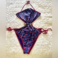 Nwt 100% Authentic Gucci Blue One Piece Swimsuit Monokini Xxl. Navy Blue Ground With Dark Red And Black Hearts. Halter Neck, With Neck, Back And Side Ties. Gucci Swimwear For Summer, Gucci Beachwear Swimwear For Summer, Gucci Fitted Summer Swimwear, Gucci Beachwear For Summer, Blue One Piece Swimsuit, Blue One Piece, Black Hearts, Monokini Swimsuits, Black Heart