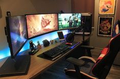 a computer desk topped with three monitors and a keyboard