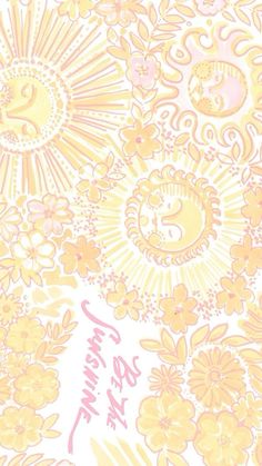 a yellow and pink wallpaper with flowers on it