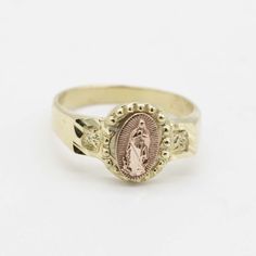 "Kids Virgin Mary Lady Guadalupe Ring Real 10K Yellow Gold Size 1 * Metal : Real 10K Yellow Gold (Properly Stamped, 10K) * Condition : Brand New * Finish : Polished * Average Weight : 1.21 grams * Length : Size 1 * Width : Just over 5/16\" by 3/16\" = 7.7mm by 5mm * Clasp/Bail : Can be resized down or up at your local jeweler All of our items are brand new and are shipped with a gift box." Gold Our Lady Of Guadalupe Ring For Anniversary, Lady Guadalupe, Pretty Jewelry Necklaces, Baby Rings, Kids Rings, Catholic Jewelry, Dope Jewelry, Cz Necklace, Jewelry Lookbook