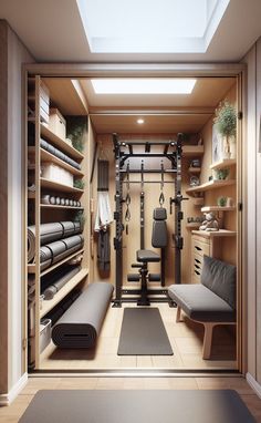 a home gym with lots of equipment in the room and no one is present at this time