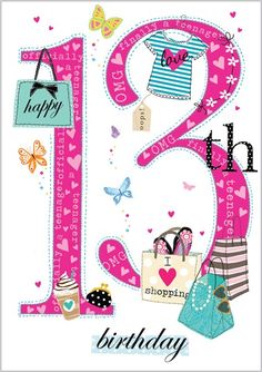 a birthday card with the number twenty two in pink and blue, featuring shopping bags