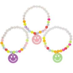 Bead Diameter: 5.9mm Size: One Size Fits Most Material: Plastic Color: Multi-Color Age Grade: 4+ Quantity: 8 Thank your guests for coming to your birthday party by giving them these Smiley Face Friendship Bracelets! These beaded bracelets make the perfect party favor with their colorful bodies and dangling smiley face charms. Place them inside a treat bag to pass out to friends and family! Novelty Beaded Bracelets For Birthday, Novelty Beaded Bracelets For Birthdays, Novelty Birthday Beaded Bracelets, Playful Assorted Jewelry For Birthday, Playful Assorted Jewelry For Birthdays, Fun Beaded Bracelets For Party Favors, Playful Round Beads Friendship Bracelets For Birthday, Novelty Round Beads Bracelet For Birthday, Fun Beaded Bracelets For Party