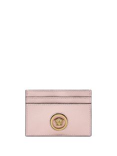 light pink calf leather grained texture Medusa plaque detail contrasting trim rectangle shape card slots rear card slots contrast lining internal logo stamp Luxury Pink Card Holder With Card Slots, Luxury Pink Card Holder, Formal Pink Card Holder With Card Slots, Pink Rectangular Card Holder For Formal Use, Versace Wallet, Versace Skirt, Contrasting Trim, Leather Card Holder, Logo Stamp