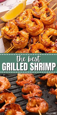 grilled shrimp on skewers with lemon wedges and text overlay that reads easy grilled shrimp