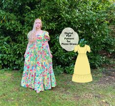 a woman standing next to a sign that says digital pattern for fabric dress on it