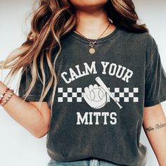 Get ready to fall in LOVE with your new Calm Your Mitts retro baseball printed comfort colors t-shirt. It's the cutest and most comfortable way to wear the latest styles, and also makes a great gift.  * PRODUCT DETAILS * ✺ 100% Cotton ✺ Medium weight fabric  ✺ Wash and dry normally (on cool for best results) ✺ Designed and printed in the USA ✺ Due to different monitor screens, colors may vary ✺ * SIZING * ✺ FOR AN OVERSIZED FIT, SELECT TWO OR THREE SIZES UP FROM YOUR NORMAL SIZE ✺ ✺ Sizing is un Tri-blend T-shirt With Graphic Print For Baseball Season, Casual Tri-blend T-shirt For Game Day, School Spirit T-shirt With Graphic Print For Baseball Season, Casual Crew Neck Baseball Jersey For Game Day, Casual Pre-shrunk Baseball Jersey For Baseball Season, Cotton Baseball Jersey Crew Neck For Game Day, Relaxed Fit Screen Print Tops For Game Day, College Graphic Print Relaxed Fit Shirt, Casual Cotton Baseball Jersey