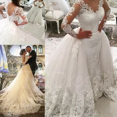 the bride is posing in her wedding dress