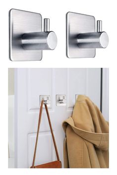 two hooks on the side of a door with a handbag hanging from one hook