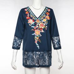 Women's Blouse Top Embroidery Floral V-Neck Lace Patchwork Ladies Blouse Spring V-neck Blouse With Lace Patchwork, Summer Floral Embroidered Long Sleeve Lace Top, Bohemian V-neck Blouse With Embroidered Hem, Summer Long Sleeve Lace Top With Floral Embroidery, Summer V-neck Top With Geometric Embroidery, Multicolor Floral Embroidered V-neck Top, Bohemian V-neck Blouse With Multicolor Embroidery, Bohemian V-neck Tops With Lace Patchwork, Blue V-neck Top With Floral Embroidery