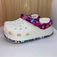 Crocs Authentic Product Brand New With Tags Women’s Size 9 White Platform Clogs In Synthetic Material, White Platform Clogs For Spring, White Spring Platform Clogs, Casual White Platform Clogs, White Non-slip Clogs For Spring, Non-slip White Clogs For Spring, Casual Multicolor Platform Clogs, Multicolor Synthetic Clogs With Rubber Sole, White Synthetic Clogs With Removable Insole