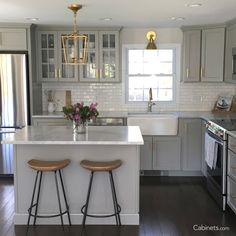 two stools are in front of the kitchen island