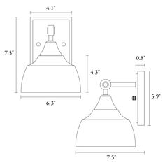 an image of a light fixture with measurements for the head and arm, shown in white